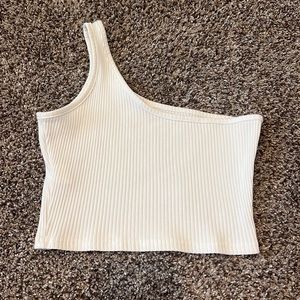 white ribbed one shoulder tank